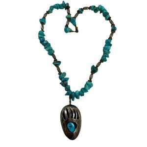 Vintage Navajo Turquoise Chips Nugget Bear Paw Necklace Sterling Silver Pendant